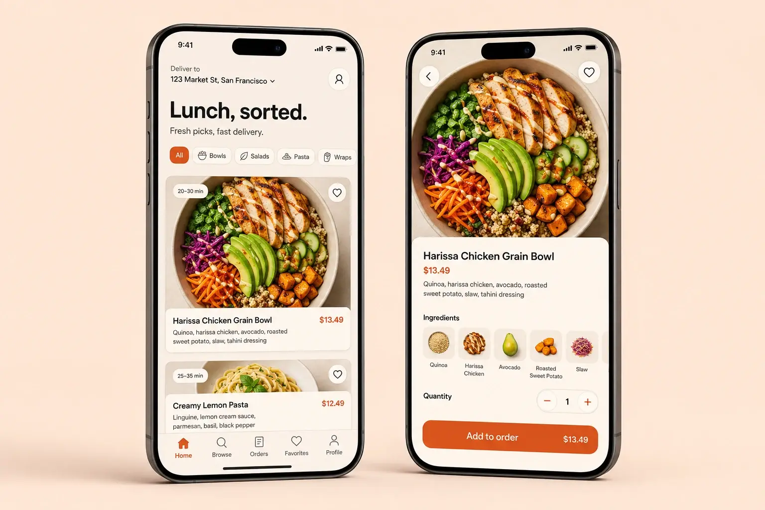 Two food delivery app screens with meal discovery, a grain bowl detail, and an order button.