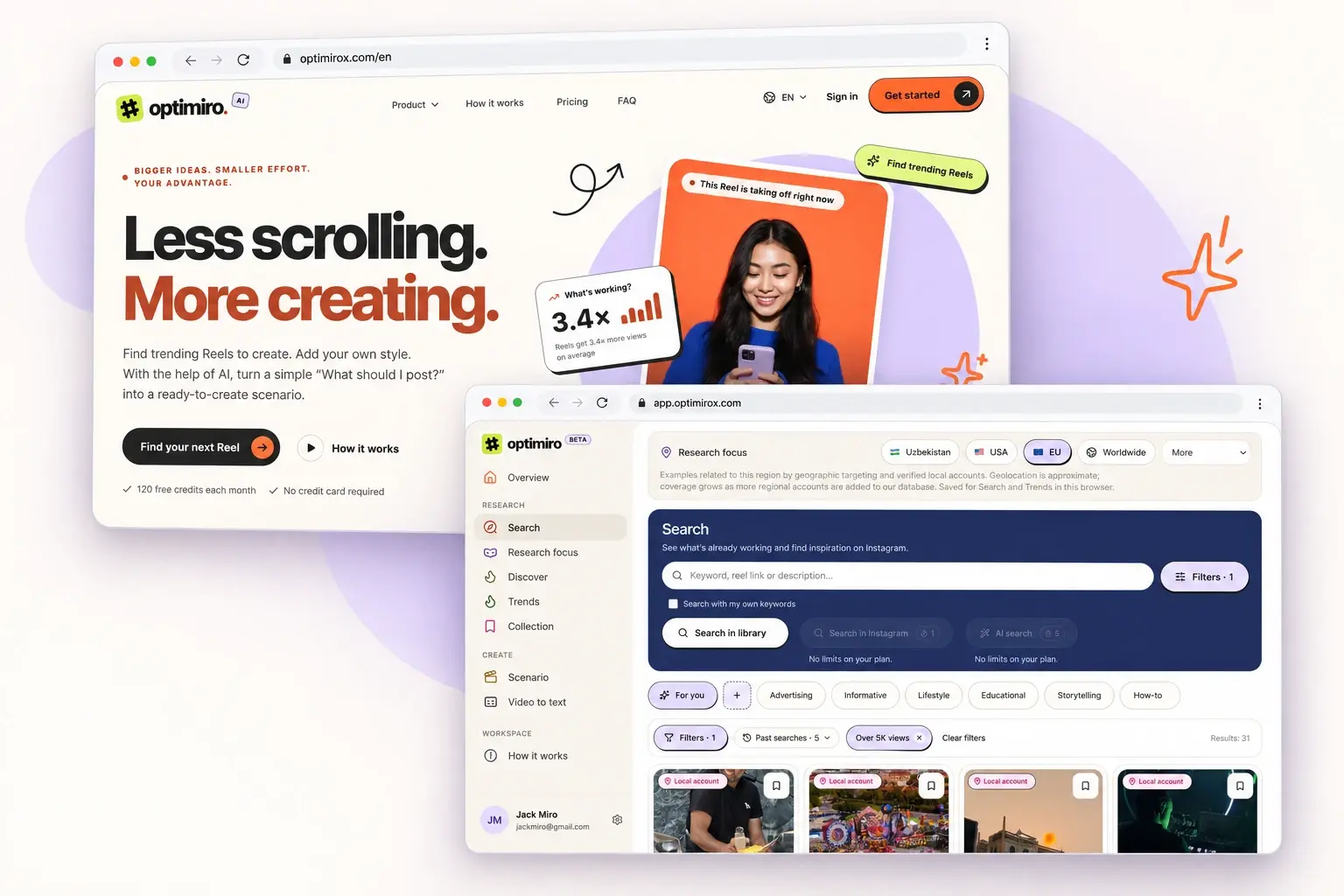 Illustrative Optimiro website and dashboard with an orange and lavender hero, regional search filters, and Reels discovery cards.