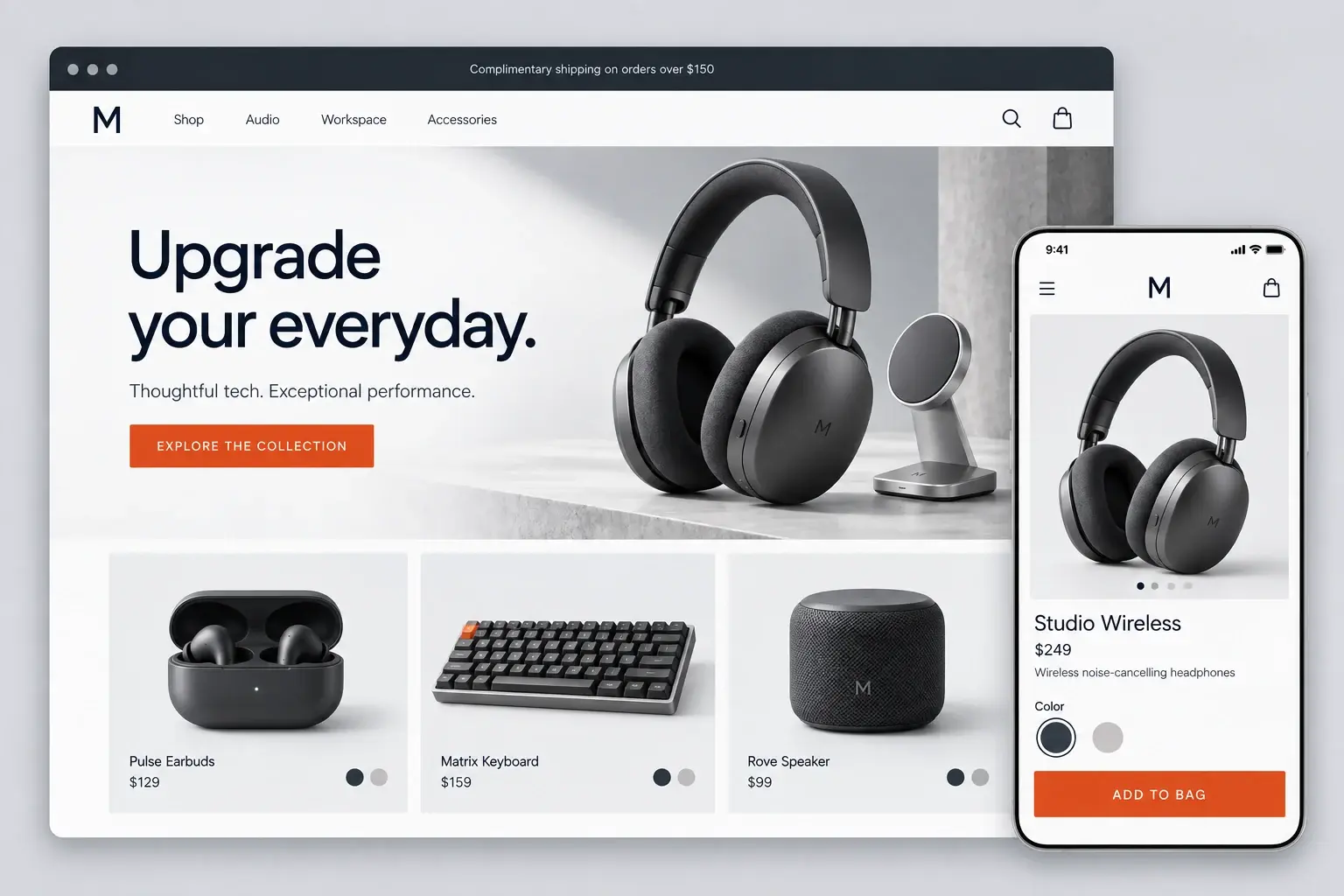 Tech ecommerce website on desktop and mobile featuring wireless headphones, earbuds, a mechanical keyboard, and a portable speaker.