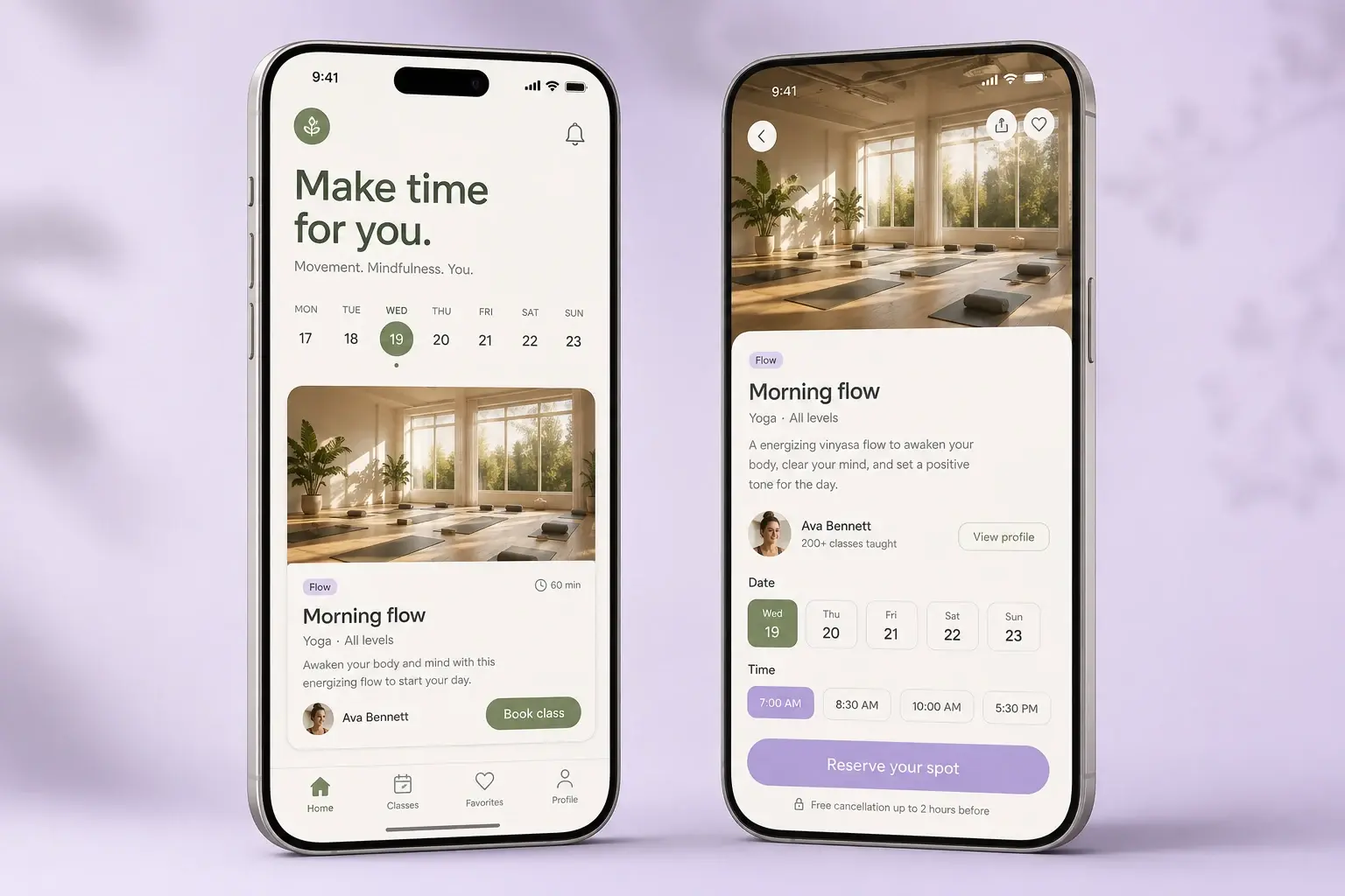 Two wellness app screens showing yoga class discovery, a weekly calendar, and class reservations.